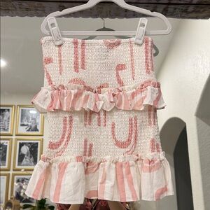 Sabo Skirt Pink and White Smocked Linen/Cotton Blend Skirt